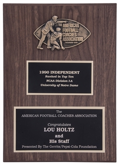 1990 The American Football Coaches Association "Top 10" Congratulatory Plaque Presented To Lou Holtz & His Staff (Holtz LOA)